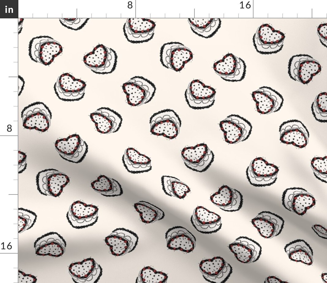 Valentine'S Day Monochrome Retro Black Red Cherries Hearts Cake Vintage Love Party Novelty Custom Printed Fabric by Spoonflower Various Fabrics by the Yard or Fat Quarter