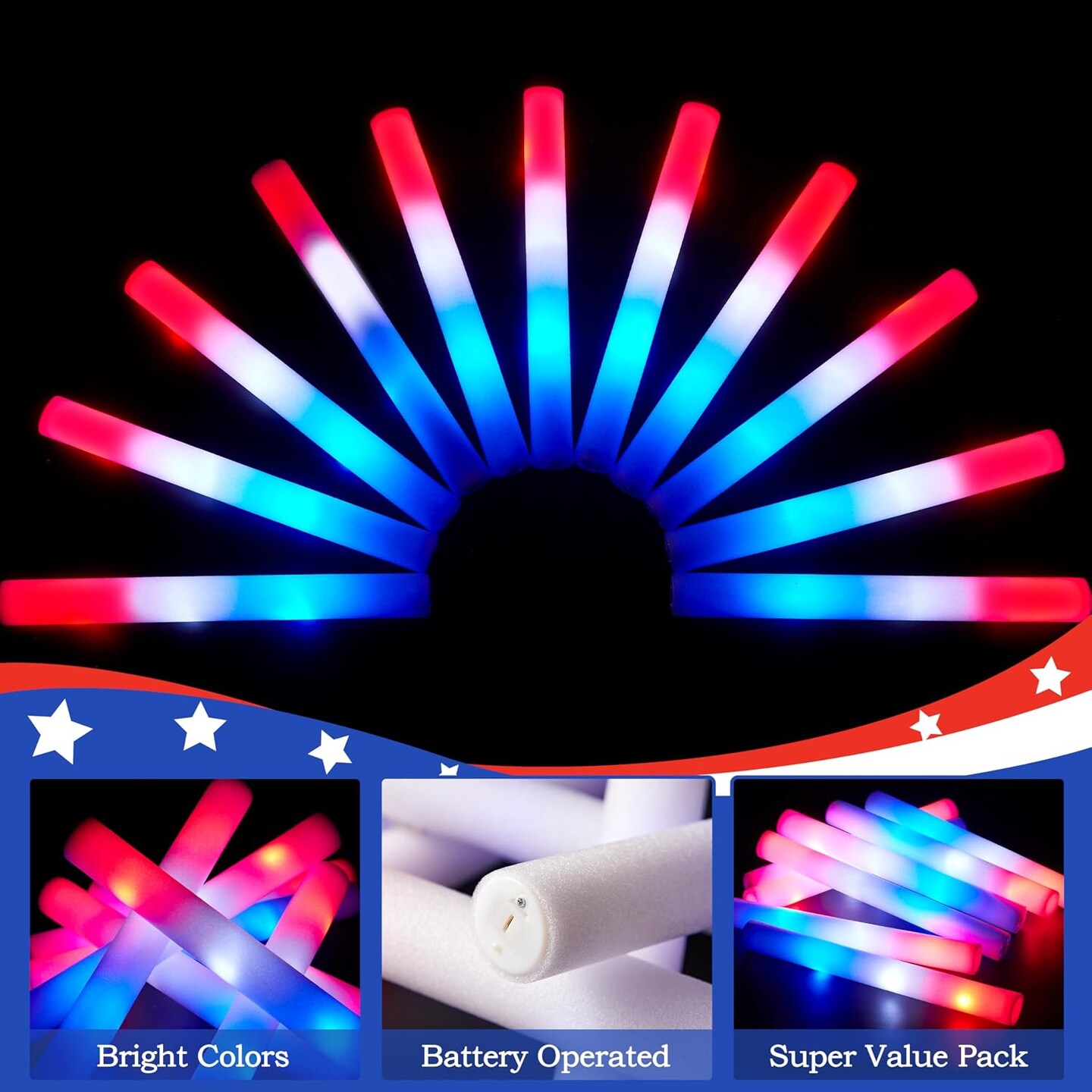24 Pcs 4th of July Glow Foam Sticks, Red White Blue LED Light Up