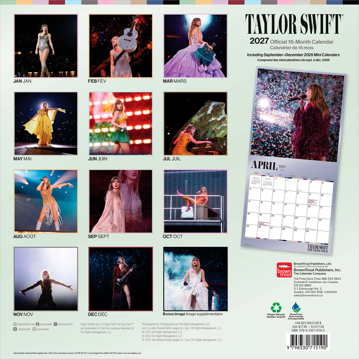 BrownTrout Canada; Taylor Swift OFFICIAL | 2027 12 x 24 Inch (Hanging) Monthly Square Wall Calendar | English/French Bilingual; Category:Wall Calendars; Image:3