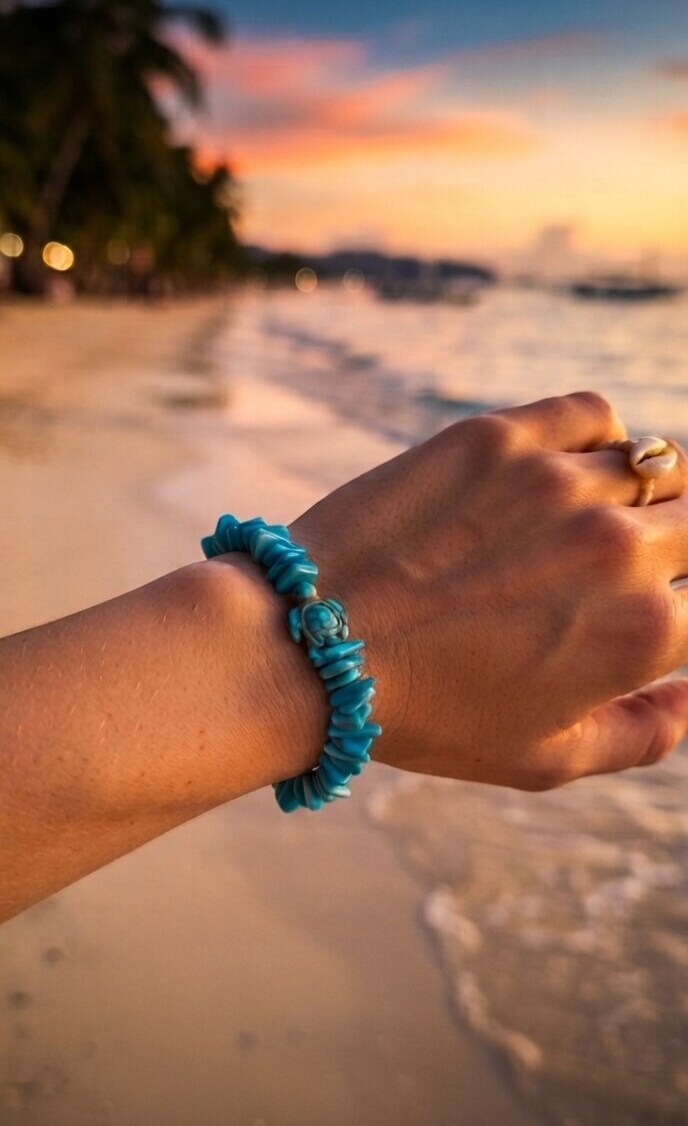Turquoise Puka Shell and Turquoise Turtle Bracelet | MakerPlace by