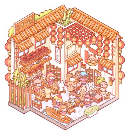 Isometric Sticker Scene, Chinese New Year 3D Room Stickers, Adorabilities