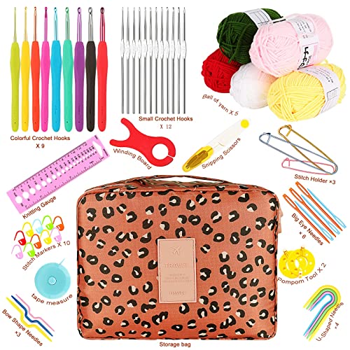 Crochet Kit Beginners Crochet Hook Set with Crochet Yarn, 58PCS Portable Crochet Set with Ergonomic Crochet Hooks, Small Crochet Hooks, Travel Crochet Hook Case Full Knitting Crochet Supplies