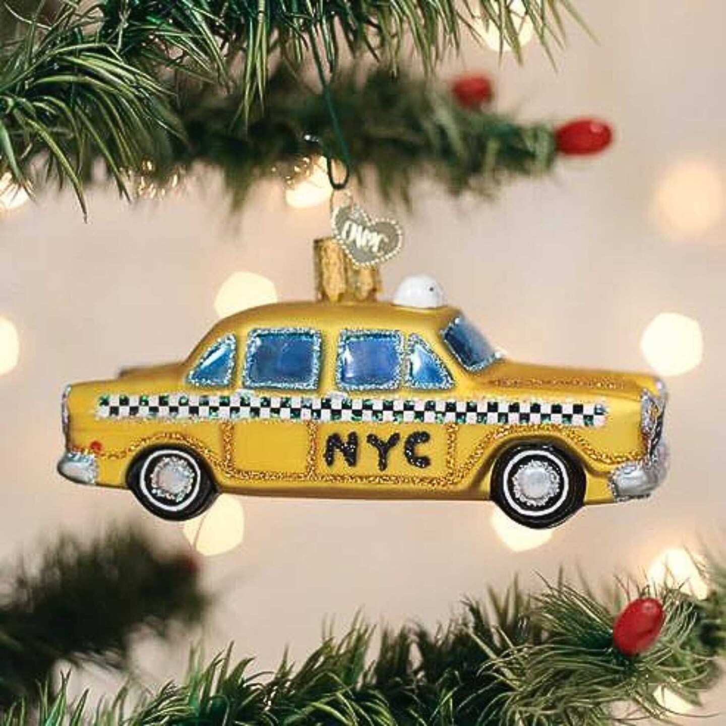 Old World Christmas 2.0 Inch Nyc Taxi Christmas Tree Ornament , Christmas Decor Yellow Black Checkers