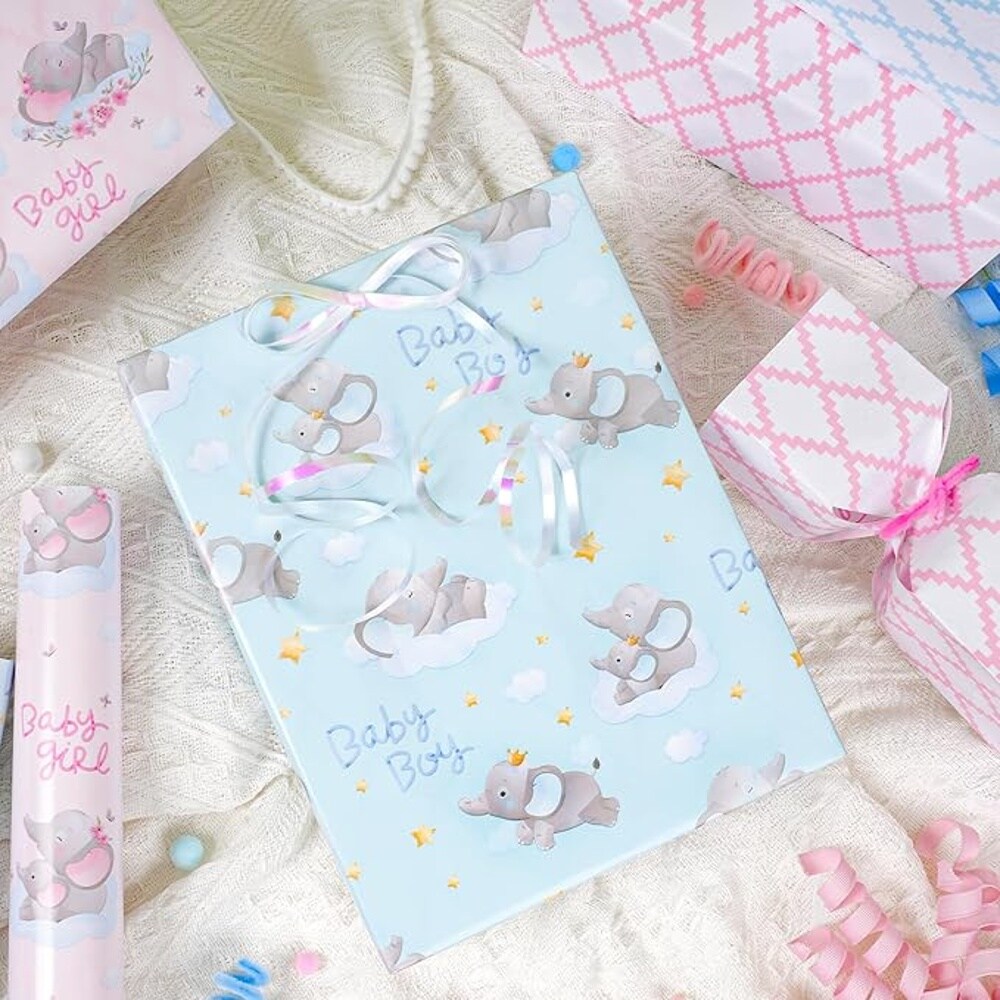 LaRibbons 17" X 33' Reversible Wrapping Paper | Baby Elephant w/ Quilted Back