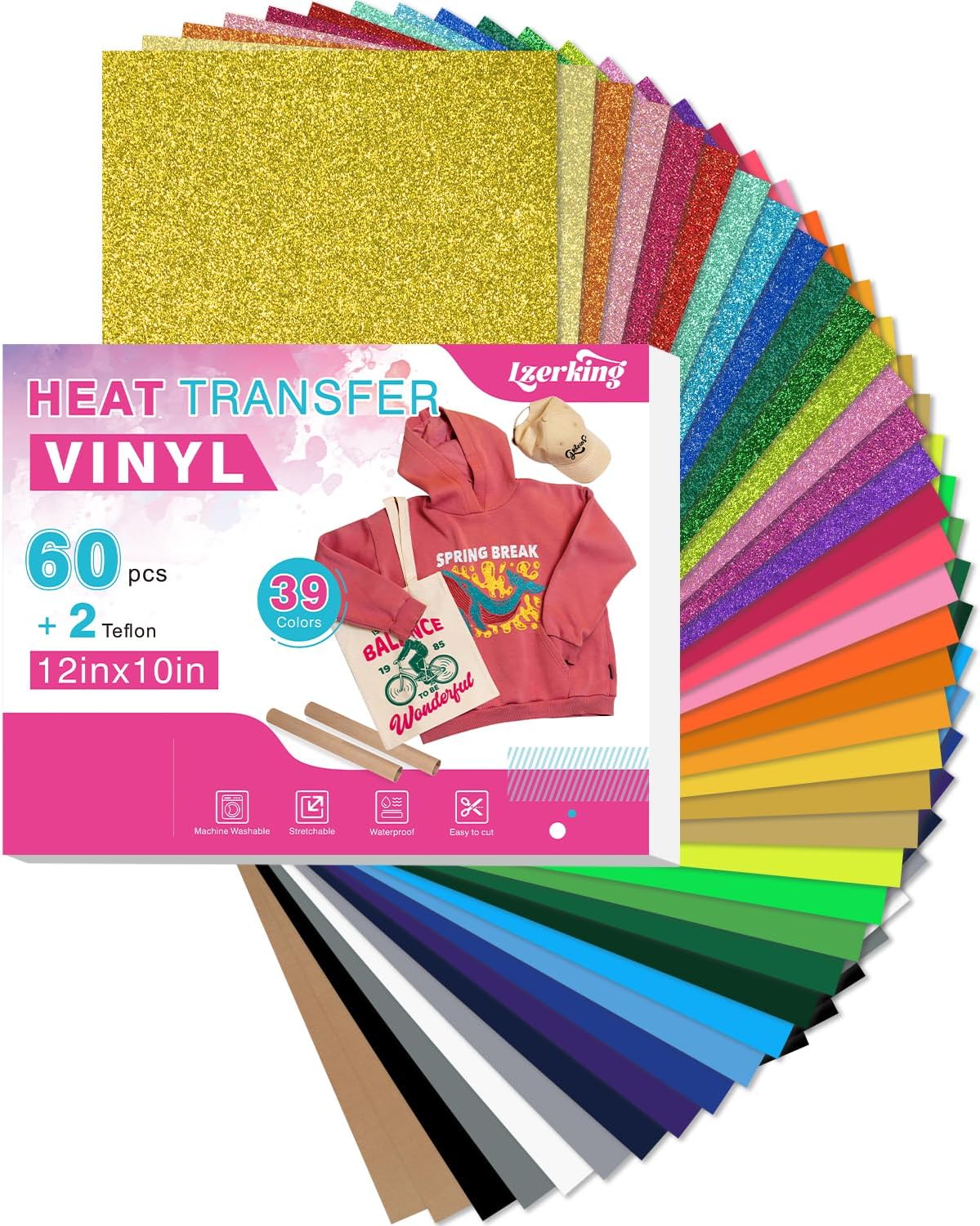l 62 Pcs 12in x 10in Htv Vinyl Bulk (39 Colors), Including 60 Matte with 2 Teflon Sheets for T-Shirt