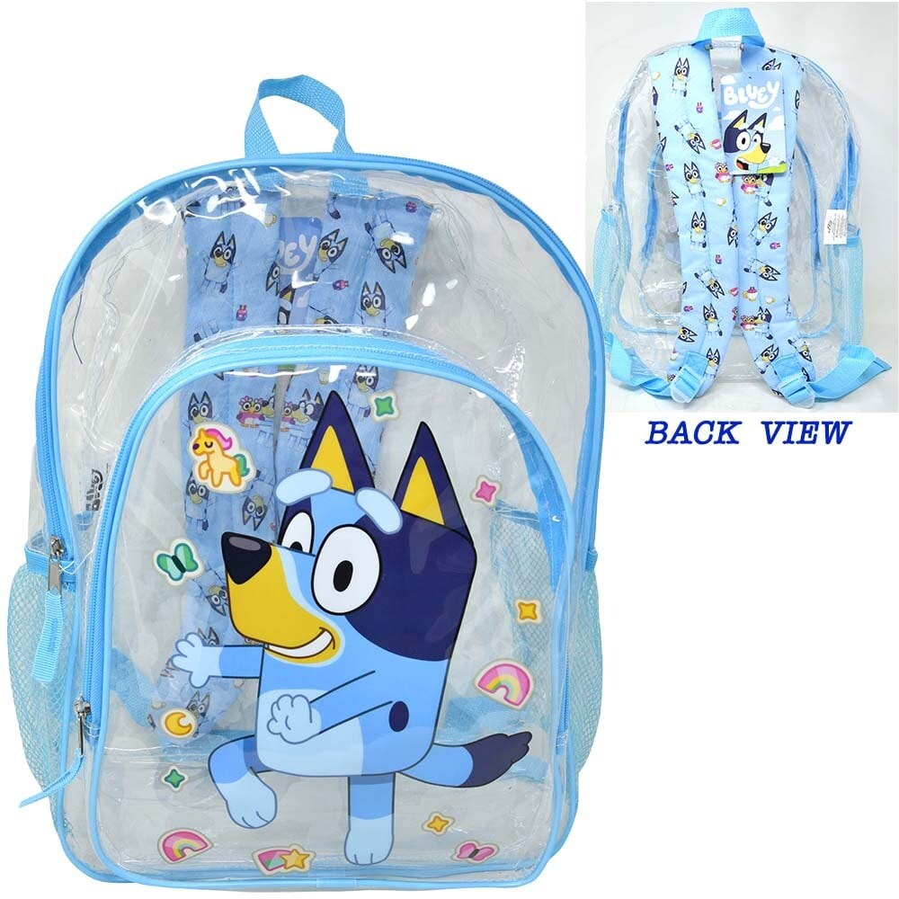 Bluey 16&#x22; Clear Backpack for Kids Transparent Bag with 2 Side Mesh Pockets