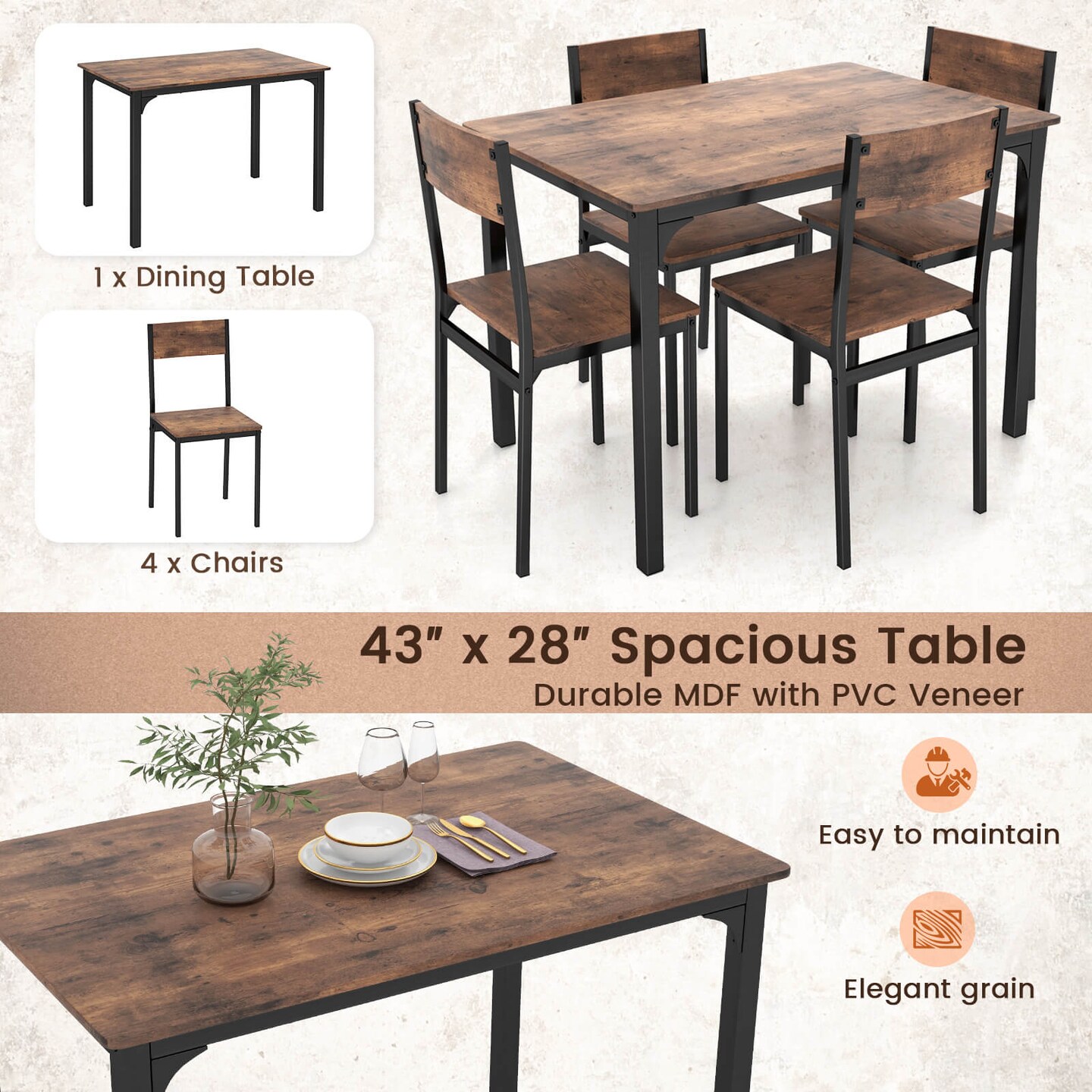 Costway 5 PCS Dining Table Set Industrial Style Kitchen Table &#x26; Chairs for 4 Gray/Brown/Dark Brown