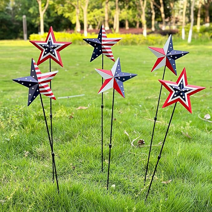 6 Pcs 22" Patriotic Metal Barn Star Garden Stakes, Red White Blue Americana Yard Signs for 4th of July Outdoor Decorations, Lawn, Porch & Garden Decor