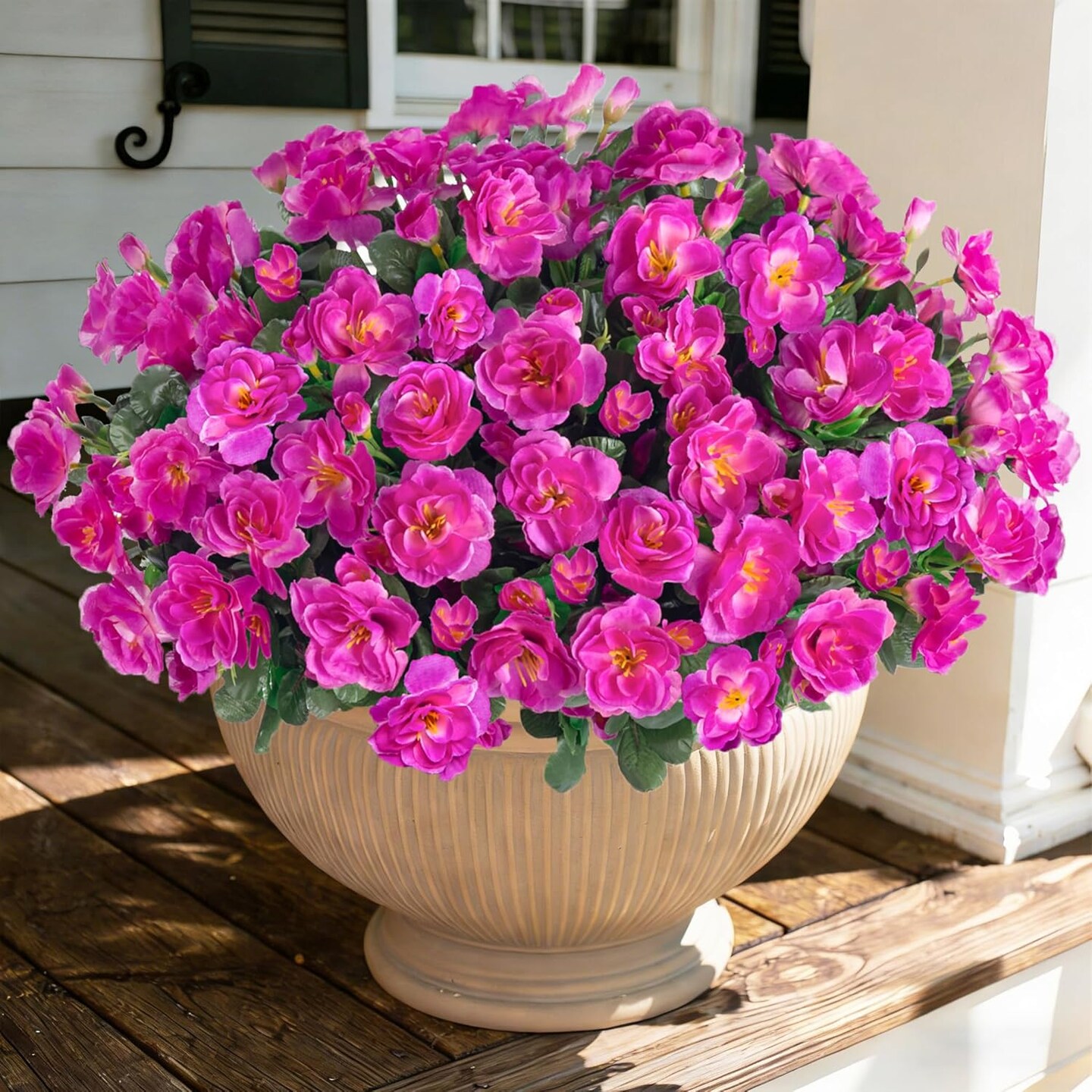 Artificial Outdoor Flowers – 3 Large Bundles of Faux Silk Fuchsia Camellia Plants, UV-Resistant, Realistic for Planters, Porch, Patio, Balcony, Garden & Home Decor