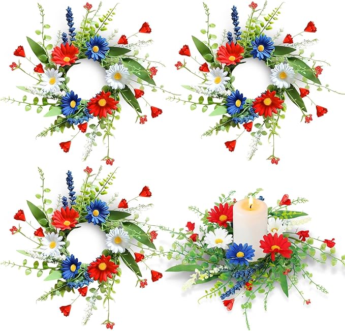 4pcs 4th of July Candle Ring Wreaths - Patriotic American Daisy Floral Holders for Independence Day Table Decor & Memorial Day Centerpieces