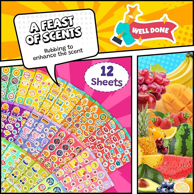 Smelly Stickers Scratch and Sniff for Kids, 48 Sheets Positive Reward Pattern, 1320 Pieces 12 Scents Funny Scented Stickers, Prize Motivational Tool for Teachers, Students, and Toddlers