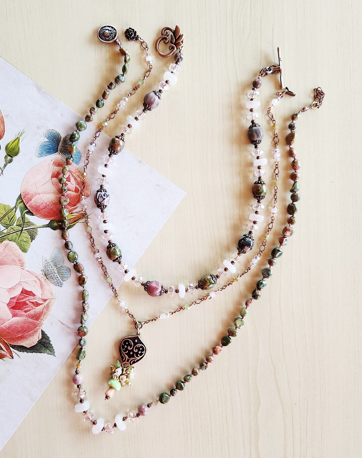 Handmade Unakite and Rose Quartz Knotted Necklace – Nature