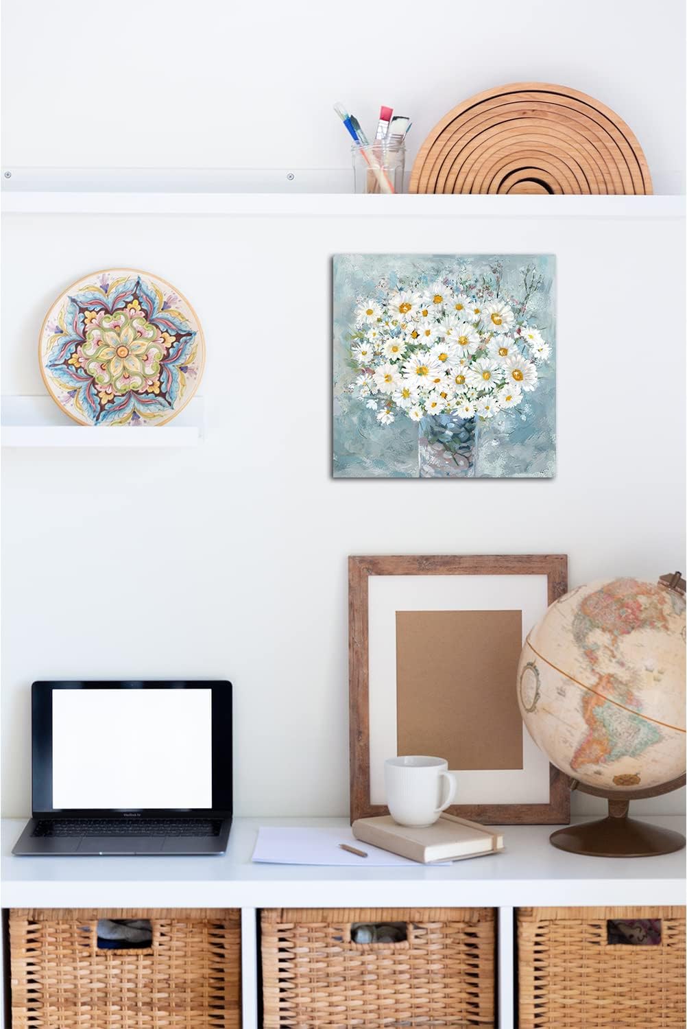 Flowers Bathroom Wall Decor Floral Canvas Wall Art White Daisy in Vase Light Blue Background Modern Gallery Prints Pictures Ready to Hang 12 x 12 Inch