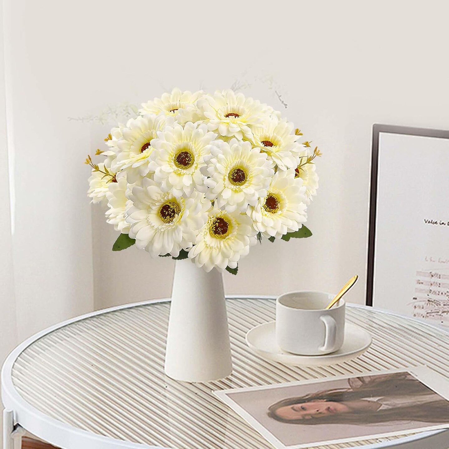 14 Summer Heads Artificial Gerbera Daisies For Tabletop Decor, 2 Bouquets Silk Daisy Flowers Artificial with Leaves &#x26; Seedling Shoots, Artificial Wild Flowers for Wedding, Party, Home Indoor Outdoor Decor