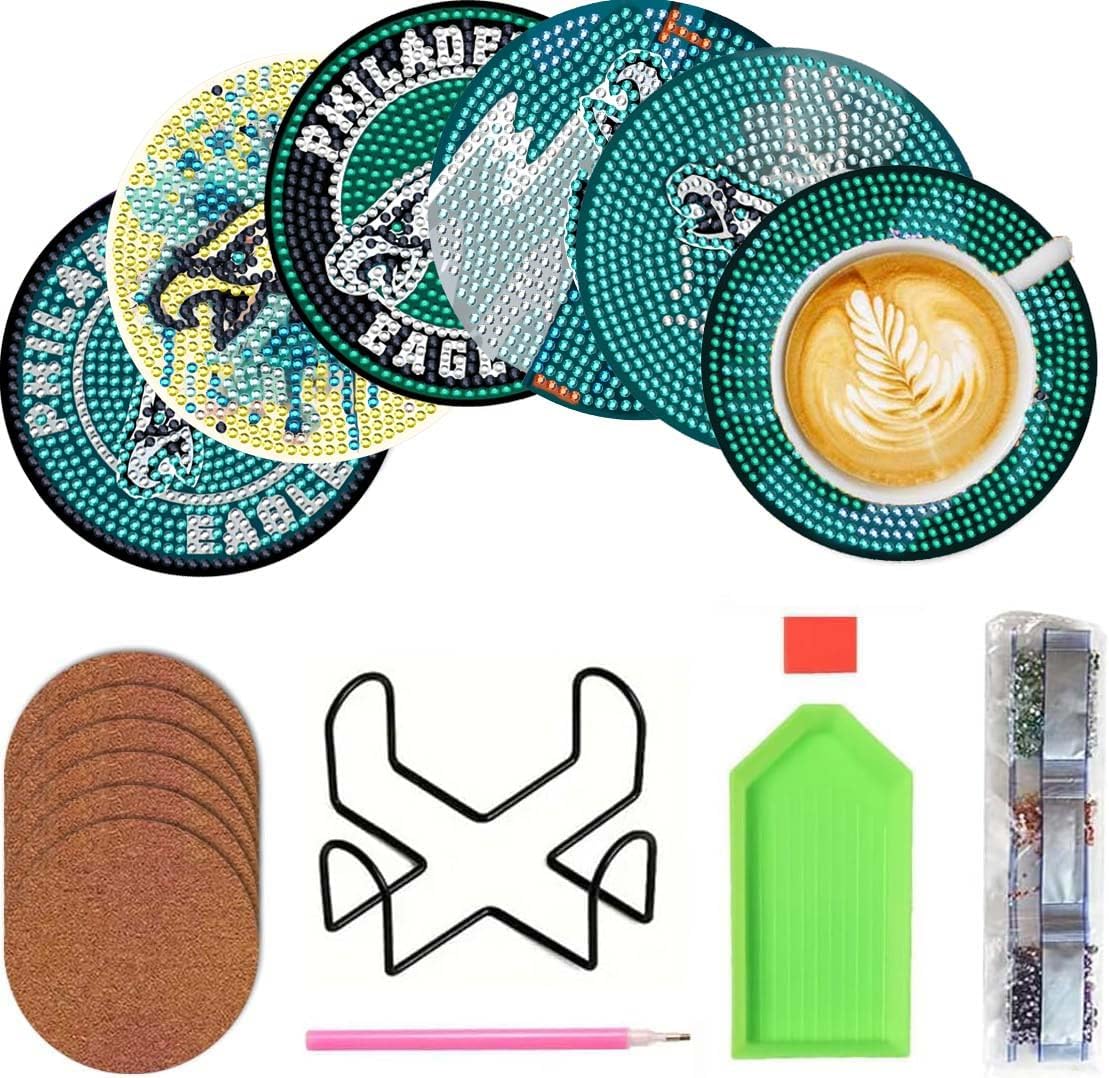 6 PCS Sport Football DIY Diamond Art Painting Coasters Kits with Holder for Adults Beginners. Size 3.9 inches in Diameter