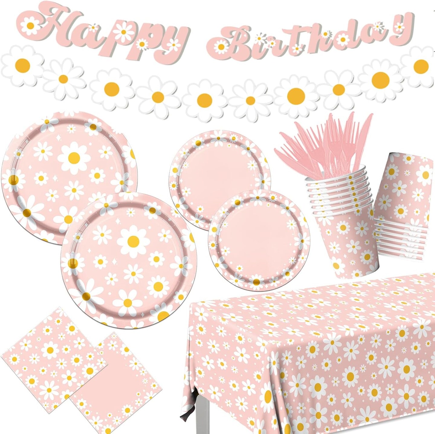 142PCS Daisy Birthday Party Tableware Set,Pink Groovy Daisy Flower Supplies Include Daisy Plates and Napkins Cup Tablecloth Banner for Retro Theme Hippie Girl Birthday Baby Shower Wedding Supplies
