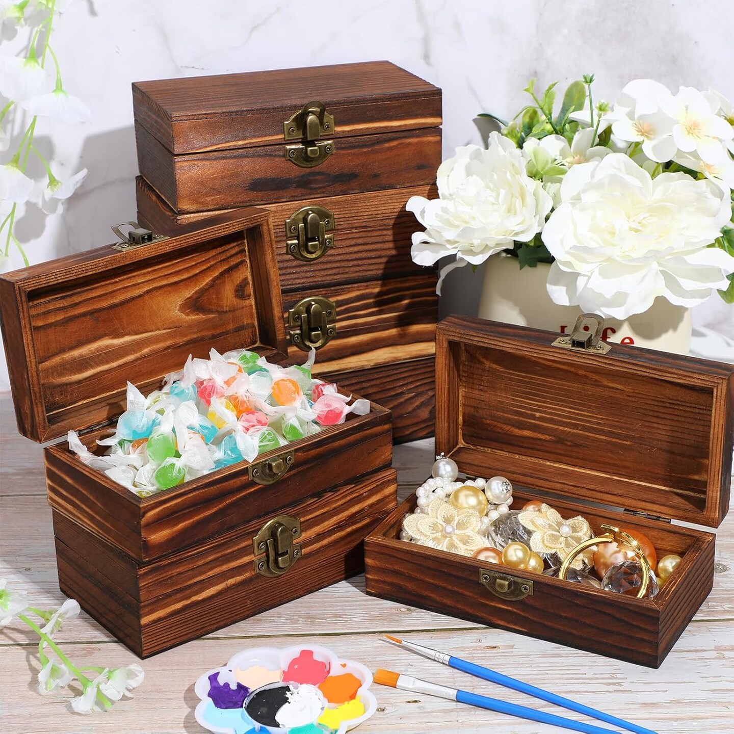 12 Pcs Wooden Boxes for Crafts 5.9 x 3.1 x 2 Inch Small Unfinished Wooden Boxes with Hinged Lids DIY Jewelry Box Gift Box Keepsake Treasure Chests