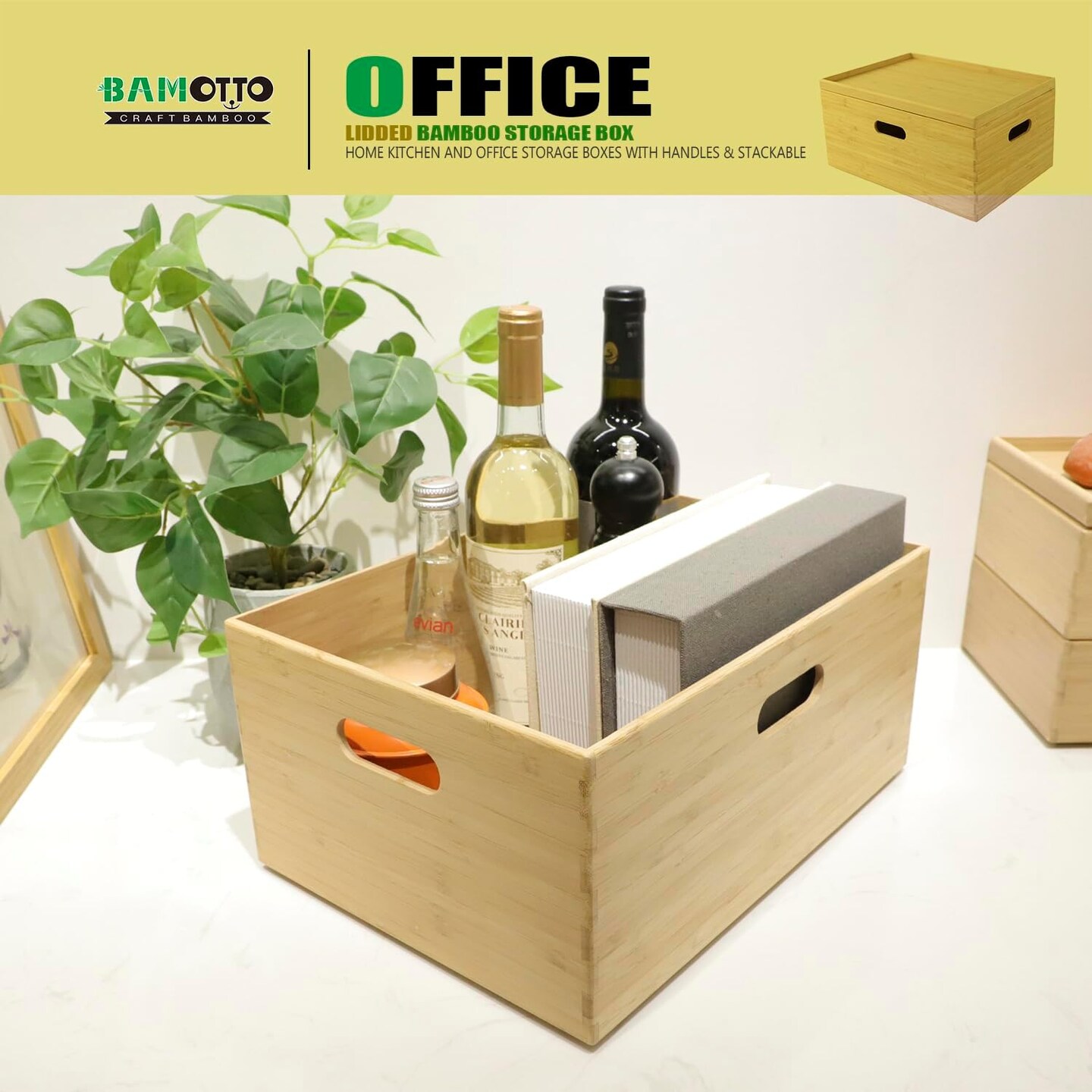 Lidded Bamboo Storage Bins &#x26; Box/Cube/Basket, Home Kitchen and Office Storage Boxes with Handles &#x26; Stackable for Organizer Tableware, Clothing, Toys, Office Shelf Books, 14.6&#x201D;x10.2&#x201D;x6.5&#x201D;