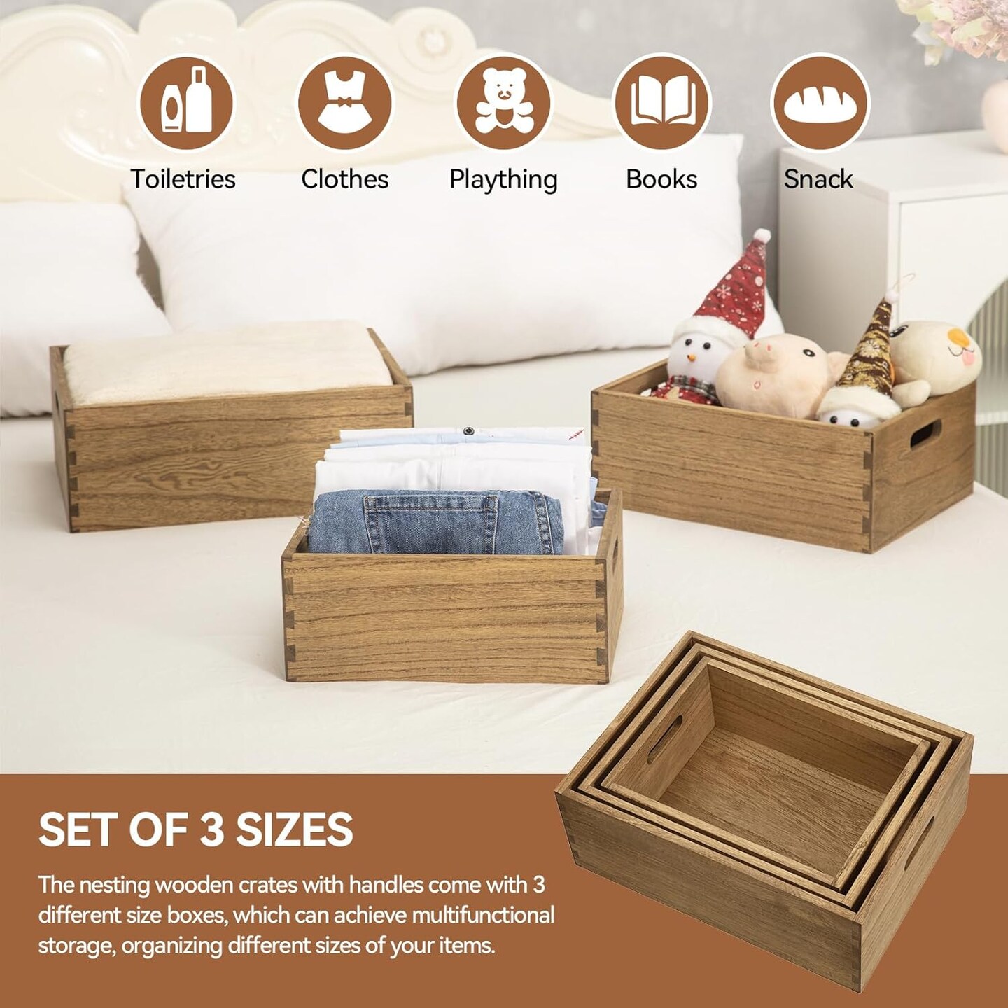 Nesting Wooden Crates with Portable Handles for Home Organizer - Wood Rustic Decor Farmhouse Boxes / Basket Rolling Trays set of 3 Dark Brown