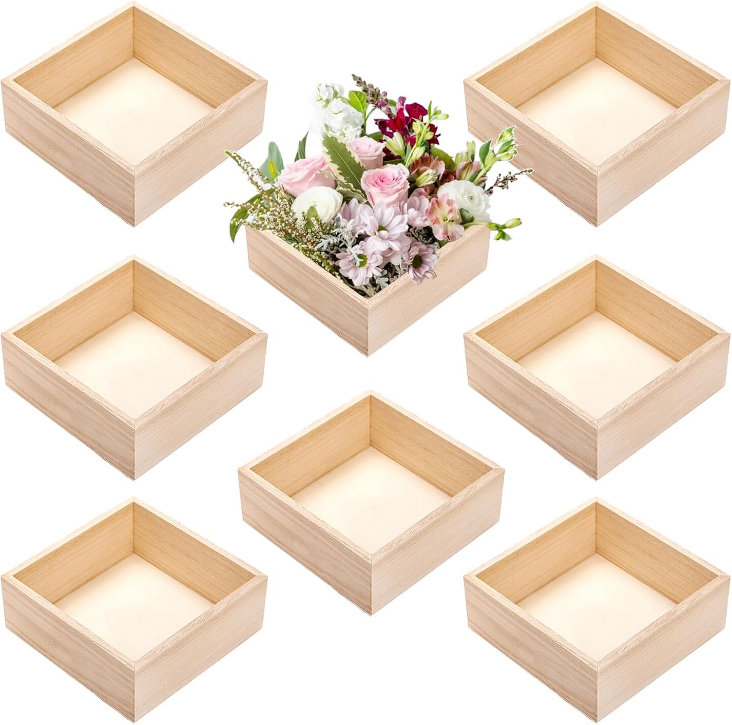 8 Pack Unfinished Wooden Box, 6 x 6 Inch Square Rustic Wooden Box Storage Organizer Boxes Small Wood Boxes for Crafts