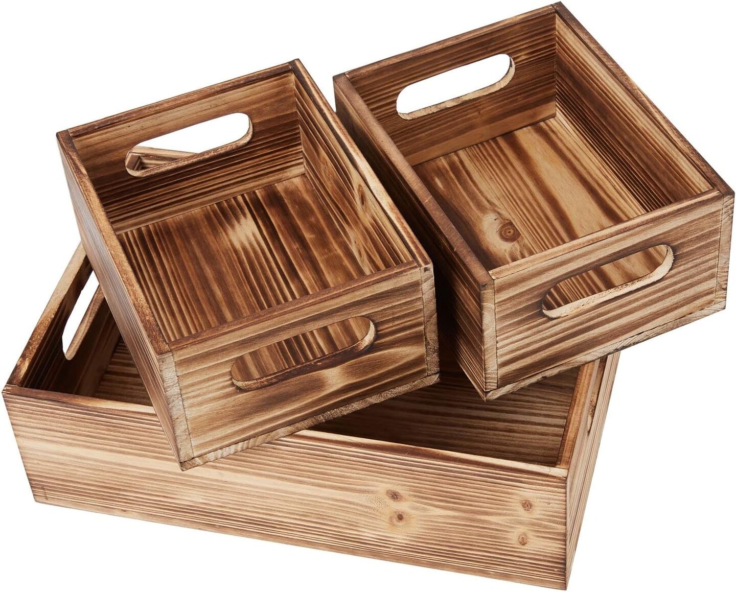 Wooden Crate Stackable Decorative Wood Crates set of 3 for Storage Display Rustic Nesting Box Basket Home Decoration Boxes Container Bin with Handles Farmhouse Decor,Solid Pine,L+M+S
