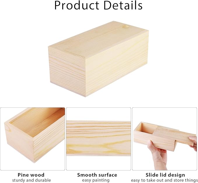 3 Pack Unfinished Wooden Box with Slide Lid, Blank Pine Wood Box Case Container Wood Jewelry Box for Storage