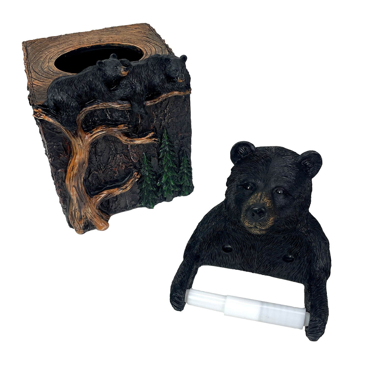 Set of 2 Bear Tissue Box Cover &#x26; Toilet Paper Holder, Resin, Rustic Lodge