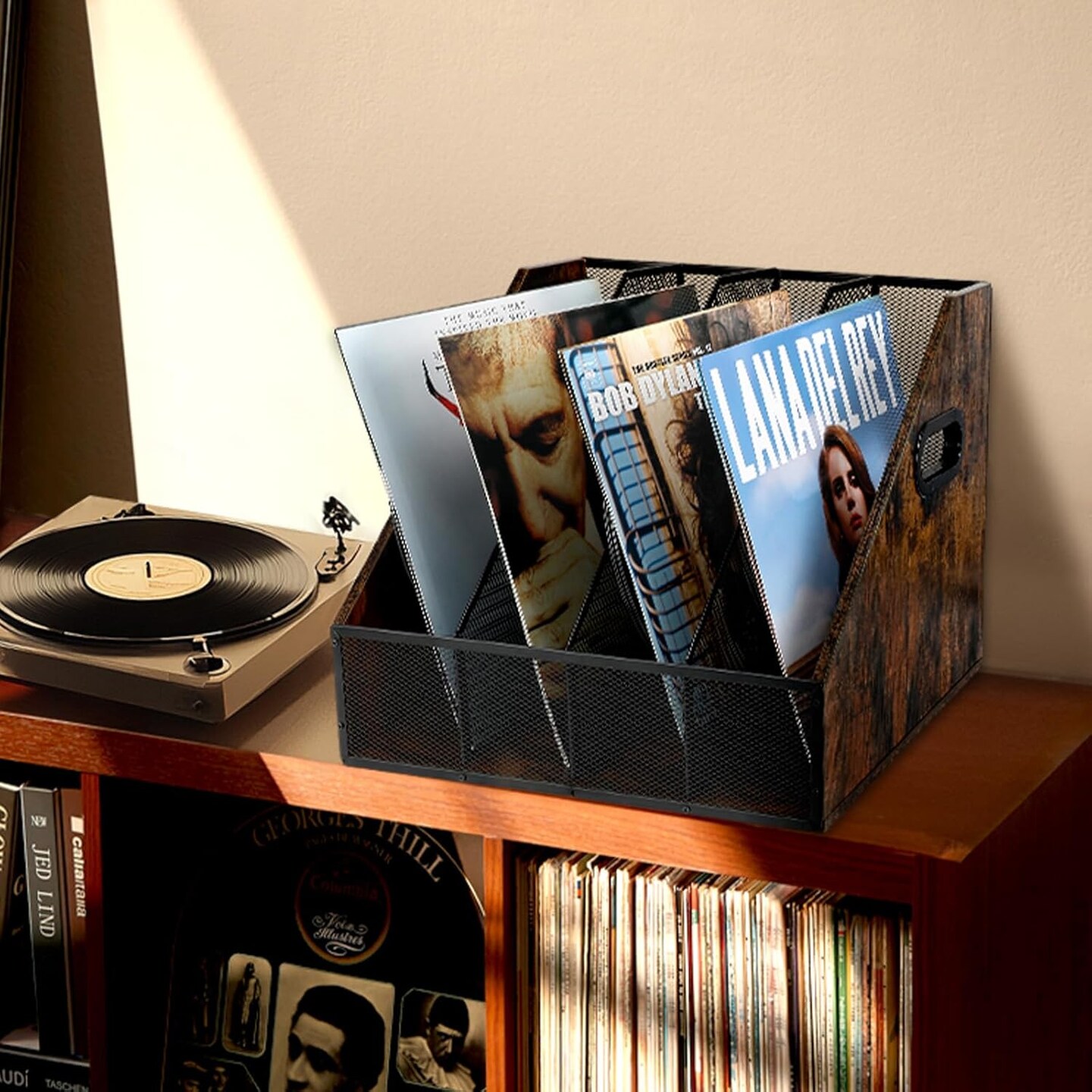 Vinyl Record Storage, Vinyl Record Holder Display, Magazine Holder Rack, File Storage Basket for Letters, Magazines, Books, Newspapers - Wooden Crate Box Storage Organizer Box for Desk and Shelves