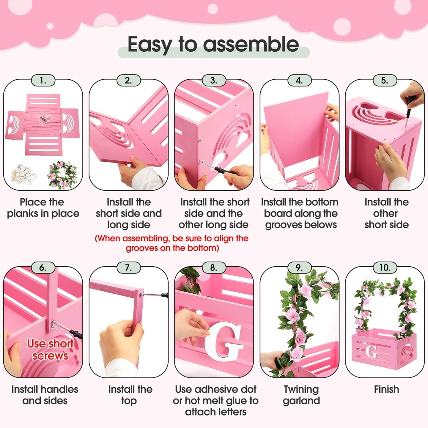 Wooden Baby Shower Crate Closet Rainbow Baby Storage Crate Hamper with Handle Garland 26 Letter Basket Baby Shower Wooden Gift Crate for Girls Boys Pregnancy Gifts for Parents (Pink)
