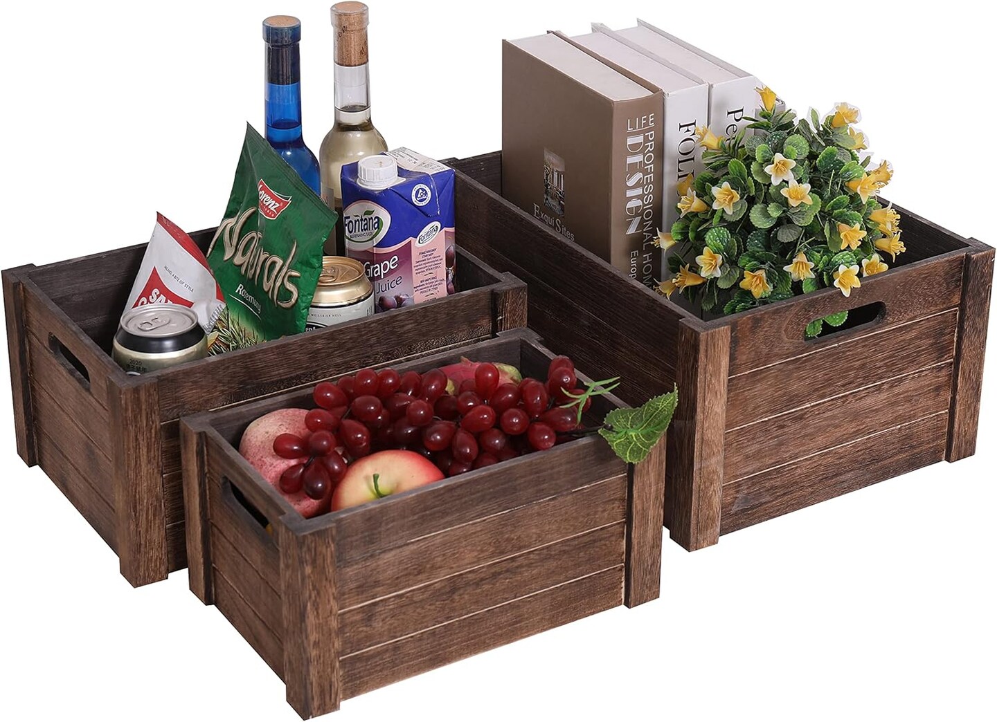 Farmhouse Antique Black Wooden Crate for storage,Rustic Decorative Boxes,Set Of 3 Extra Large Nesting Wooden Storage Crates For display ,Handmade Natural Solid Wood Box (Rustic Black)