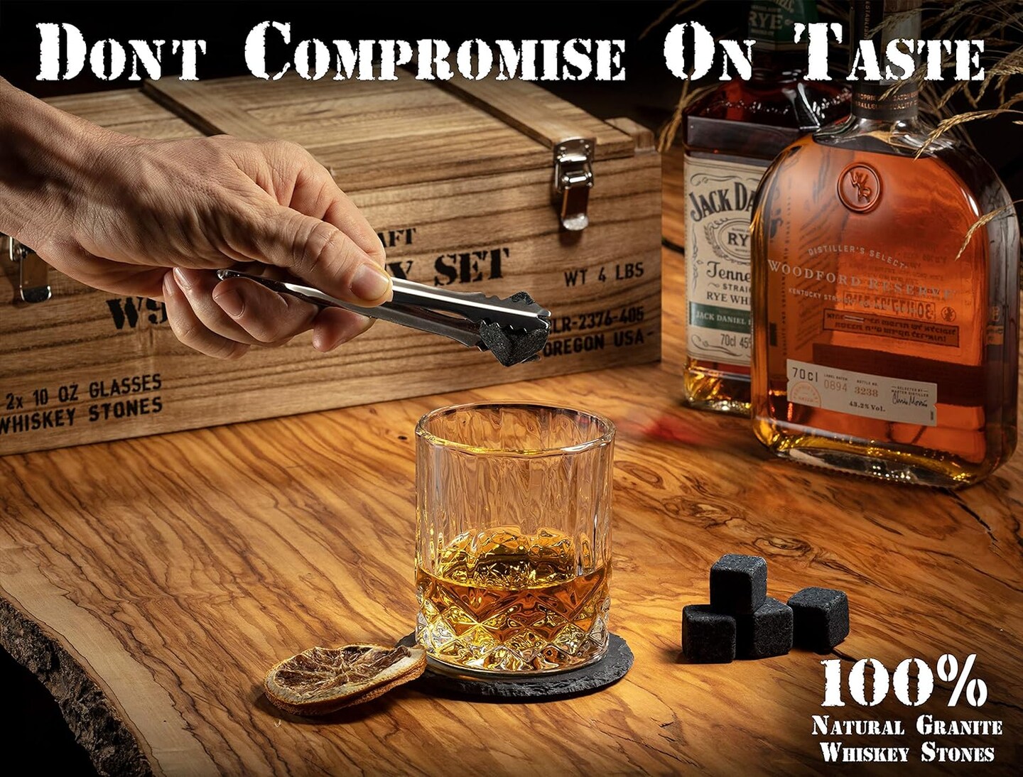 Whiskey Stones Gift Set, Whiskey Glass and Stones Set with Wooden Army Crate, 8 Granite Whiskey Rocks Chilling Stones and 10oz Whiskey Glasses, Whiskey Gift for Men, Dad, Husband