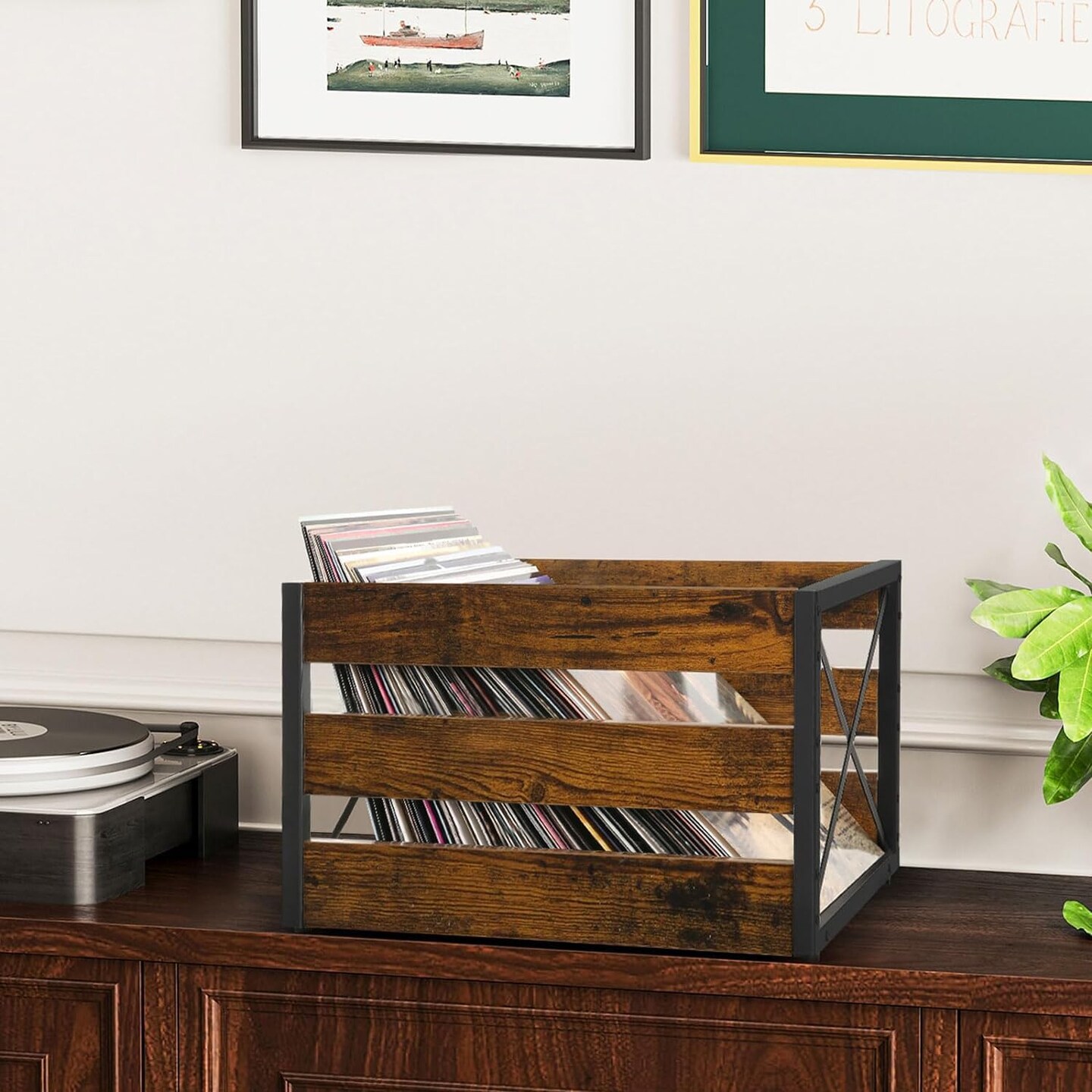 Vinyl Record Storage, Large LP Vinyl Record Storage Crate, Metal & Wooden Vinyl Record Album Holder, Cube Record Organizer Box, Holds up to 80+ Records