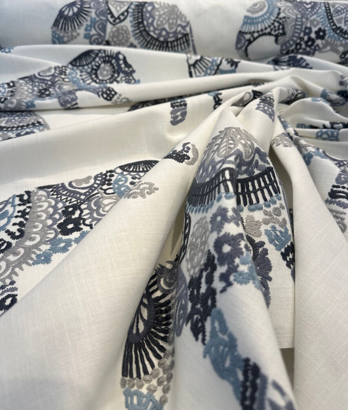 1 Yard Elephant Stitch Make Your Mark Blue Smoke Embroidered Animal Fabric 54 Inches Wide