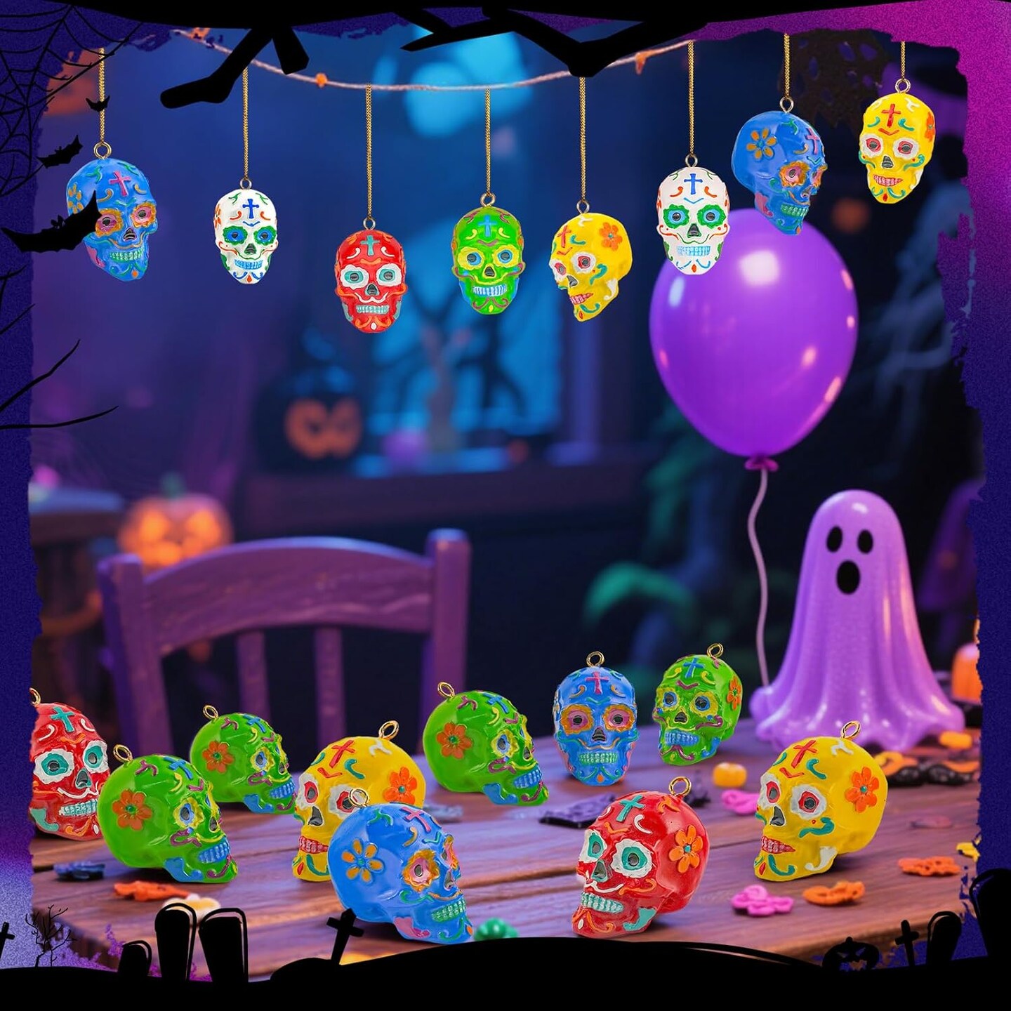 15 Pcs Day of The Dead Resin Sugar Skull Ornaments