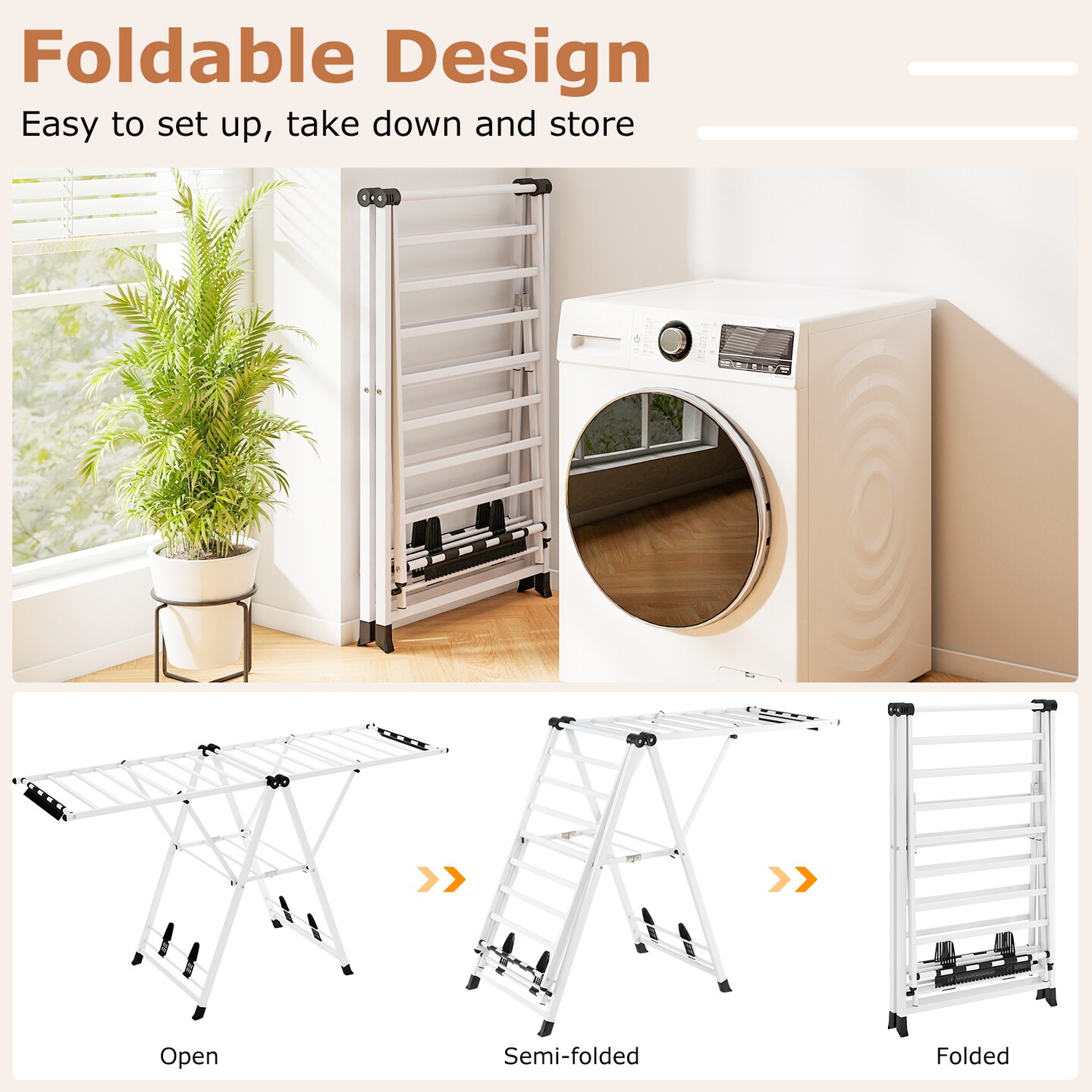 White Foldable Clothes Drying Rack with Adjustable Wings Shoe Racks