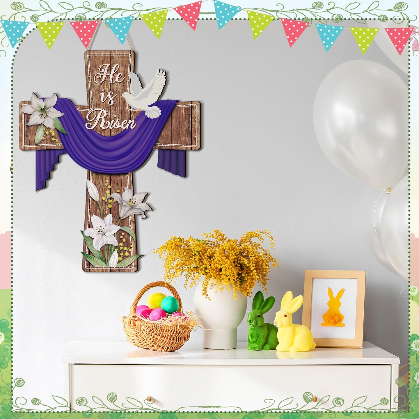 Easter Door Sign He Is Risen Hanging Decor Religious Cross Sign Easter Wreaths for Front Door Christian Flowers Lent Hanging Hanger for Farmhouse Front Porch(Cross,15.75 x 19.69 Inches)