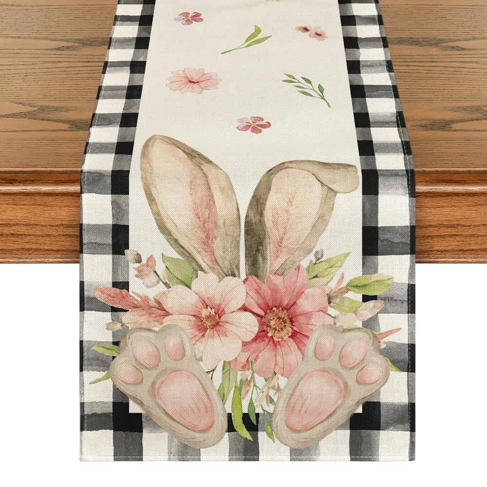 Buffalo Plaid Bunny Ear Foot Flower Easter Table Runner, Seasonal Spring Kitchen Dining Table Decoration for Home Party Decor 13x72 Inch