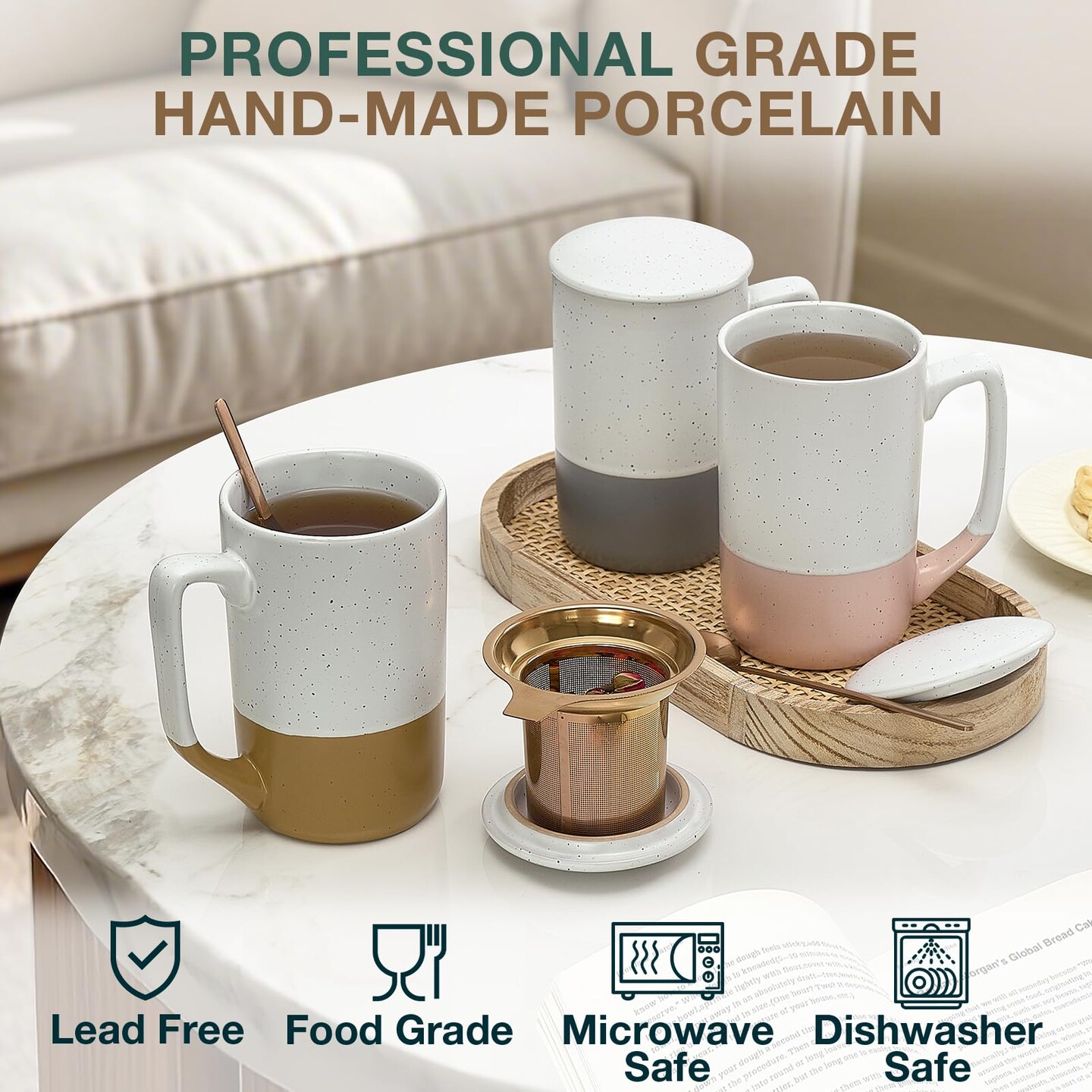 Ceramics Large Tea Cup with Loose Leaf Infuser, Spoon and Lid, 16 oz Tall Coffee Mug, Microwave and Dishwasher Safe, Rustic Matte Ceramic Glaze, Tea Strainer, Amber