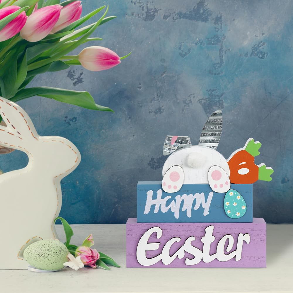 Easter Decorations, 3-Layered Easter Bunny with Carrots Farmhouse Wood Block Easter Decor, Happy Easter Sign Easter Egg Design Easter Decorations Indoor for Home, Living Room, Tables, Mantel