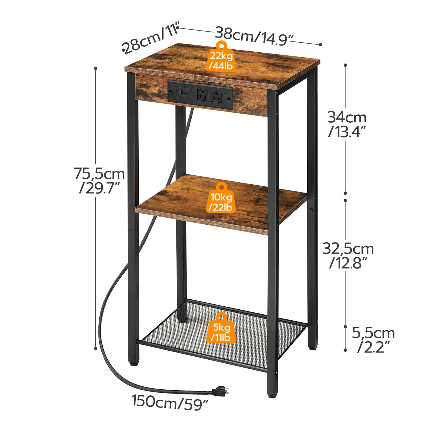 Brown Side Table Particleboard Metal with Power Outlet Adjustable Shelves