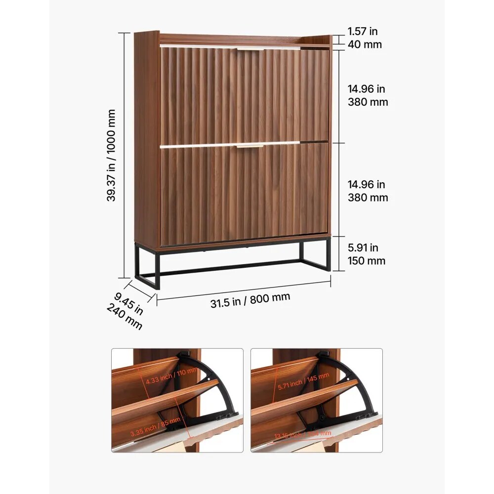 Shoe Cabinet 2 Flip Drawers Freestanding Walnut Storage Organizer