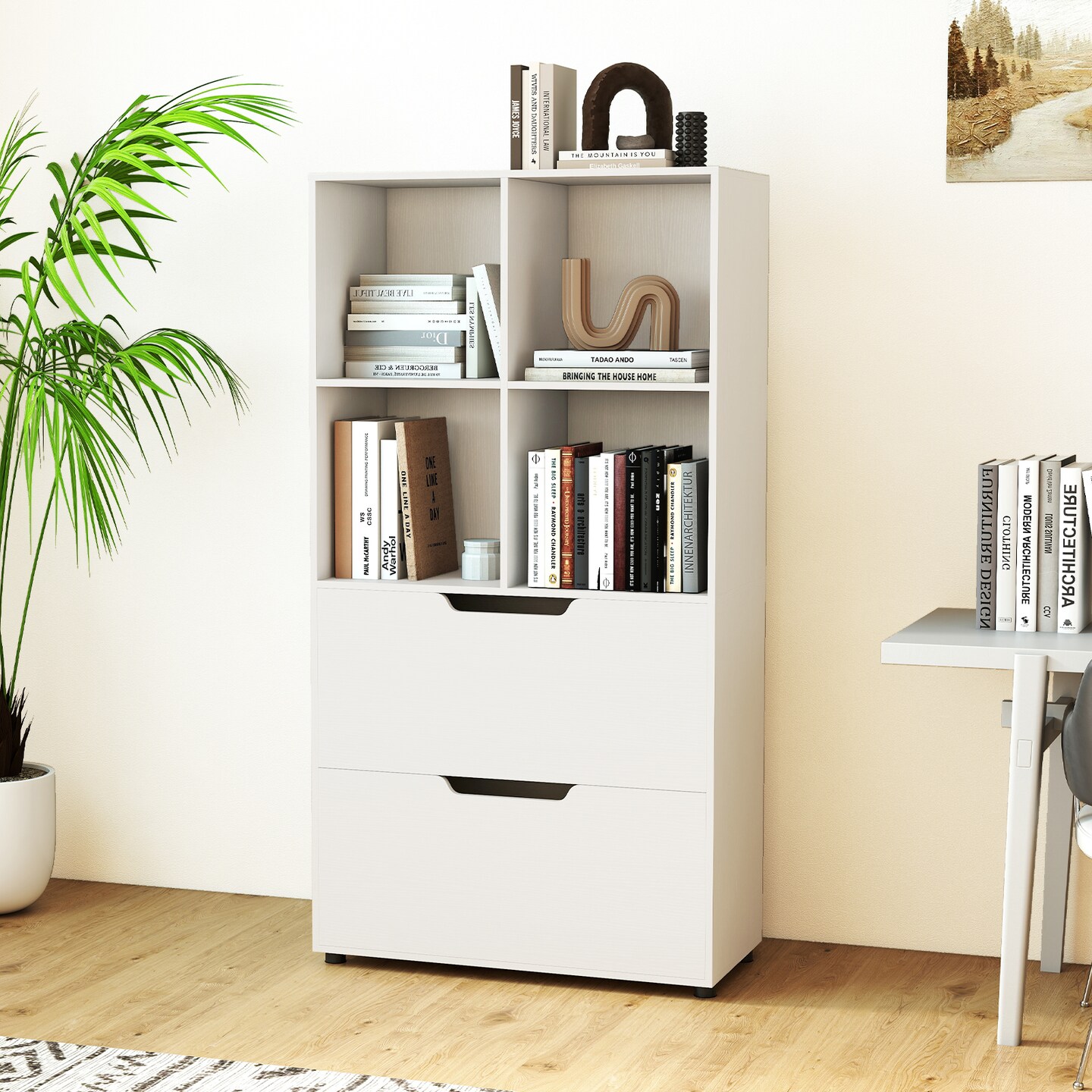 Cube Storage Bookcase with 4 Open Cubes and 2 Drawers Modern Display Shelf Storage