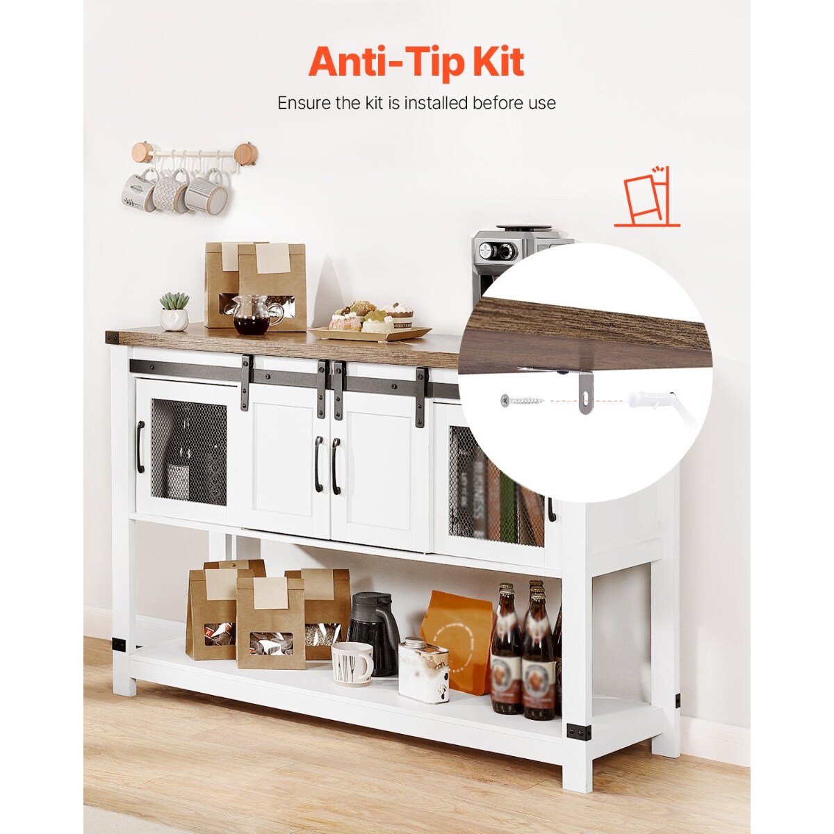 White-Brown Farmhouse Coffee Bar Cabinet with Barn Doors and 4-Tier Storage