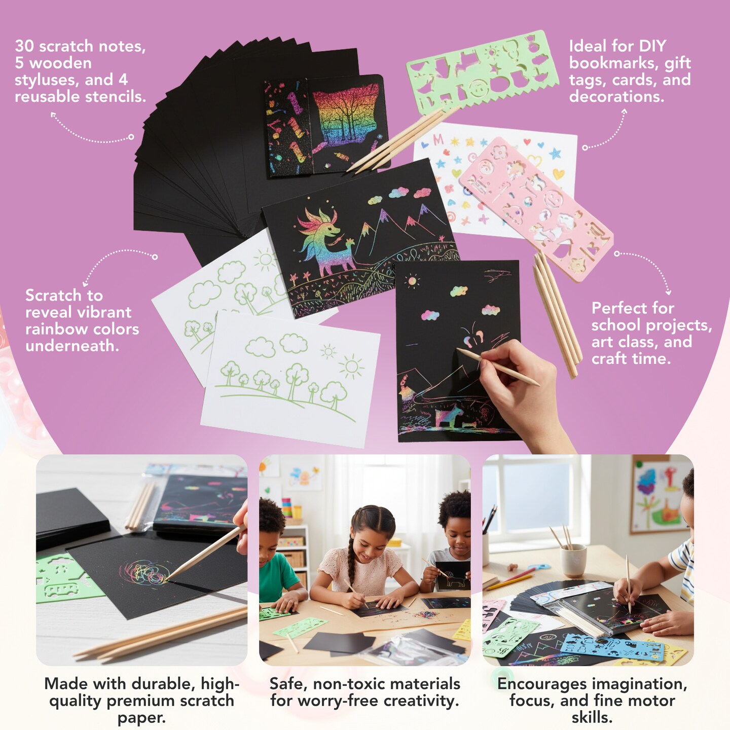 Incraftables Rainbow Scratch Paper Set. Magic Notes Kit with 30pcs Scratch Art Paper, 5pcs Wooden Stylus & 4pcs Drawing Stencils. Black Scratch Off Paper for Kids. Best Scratch Pad for Drawing & Craft