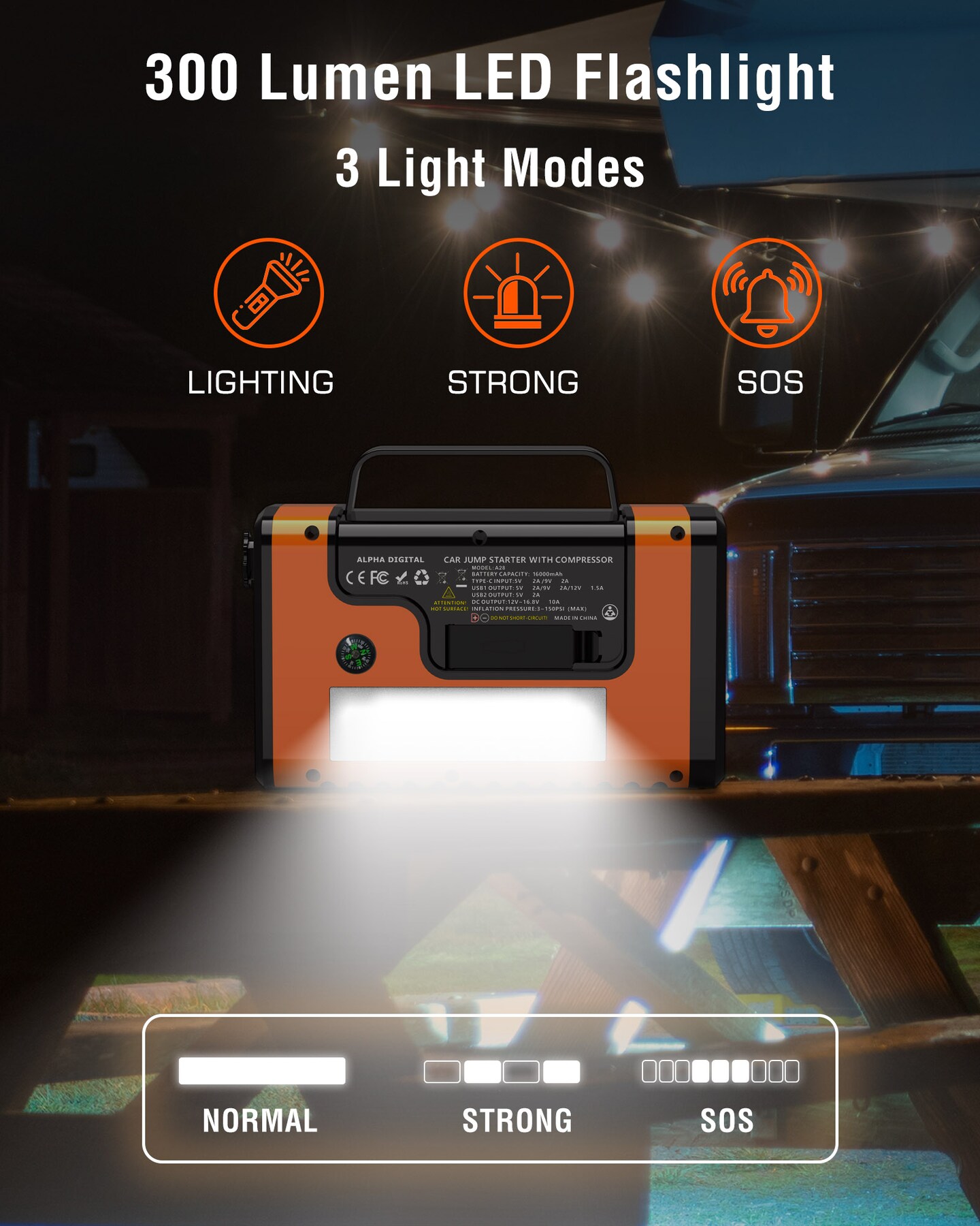 Vehicle Jump Starter w/Air Compressor, Vacuum Cleaner, Blower, Power Bank, Flashlight/SOS/Strobe, more!