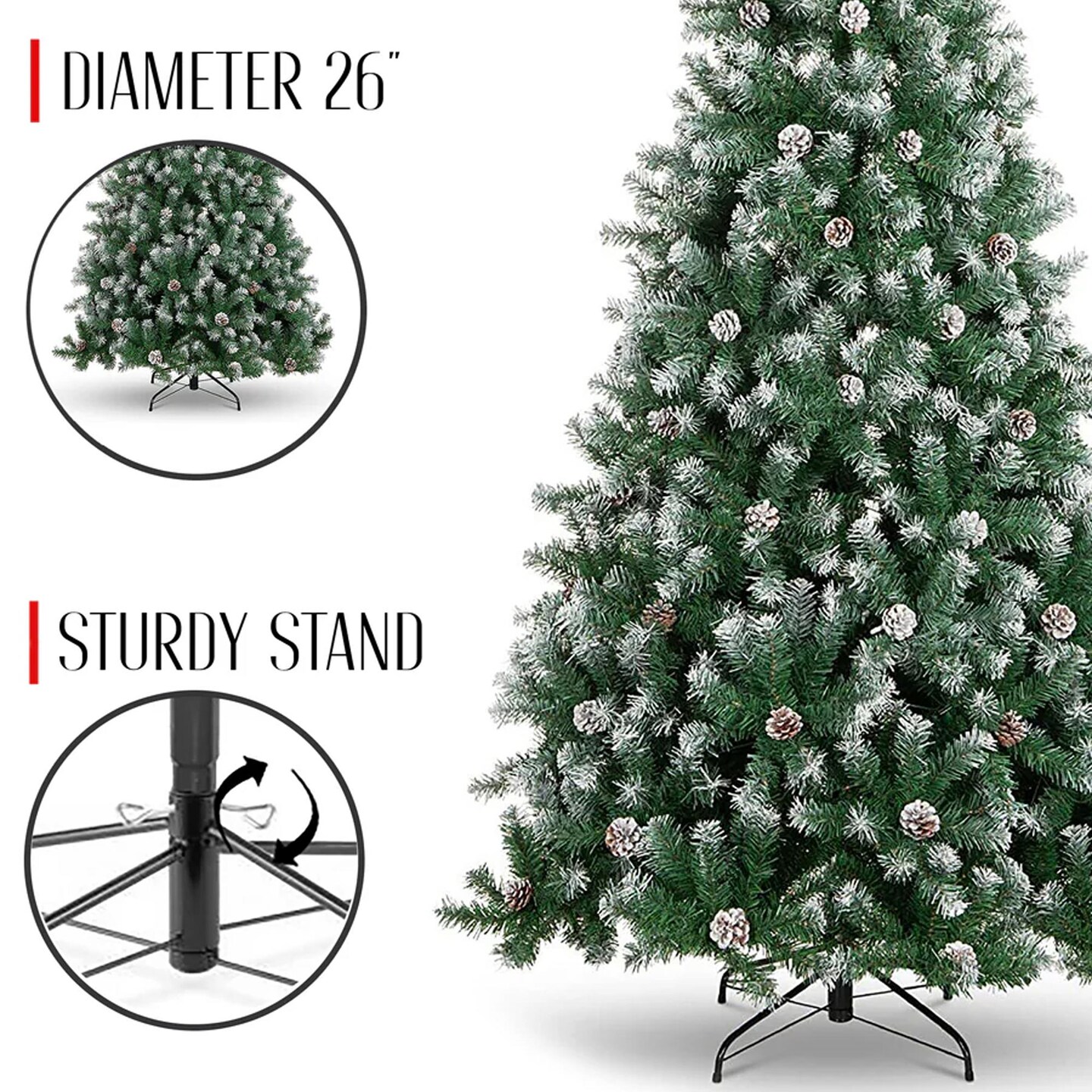 Frosted Oregon Fir Christmas Tree with Snow Dusted Pine Cones and Metal Stand
