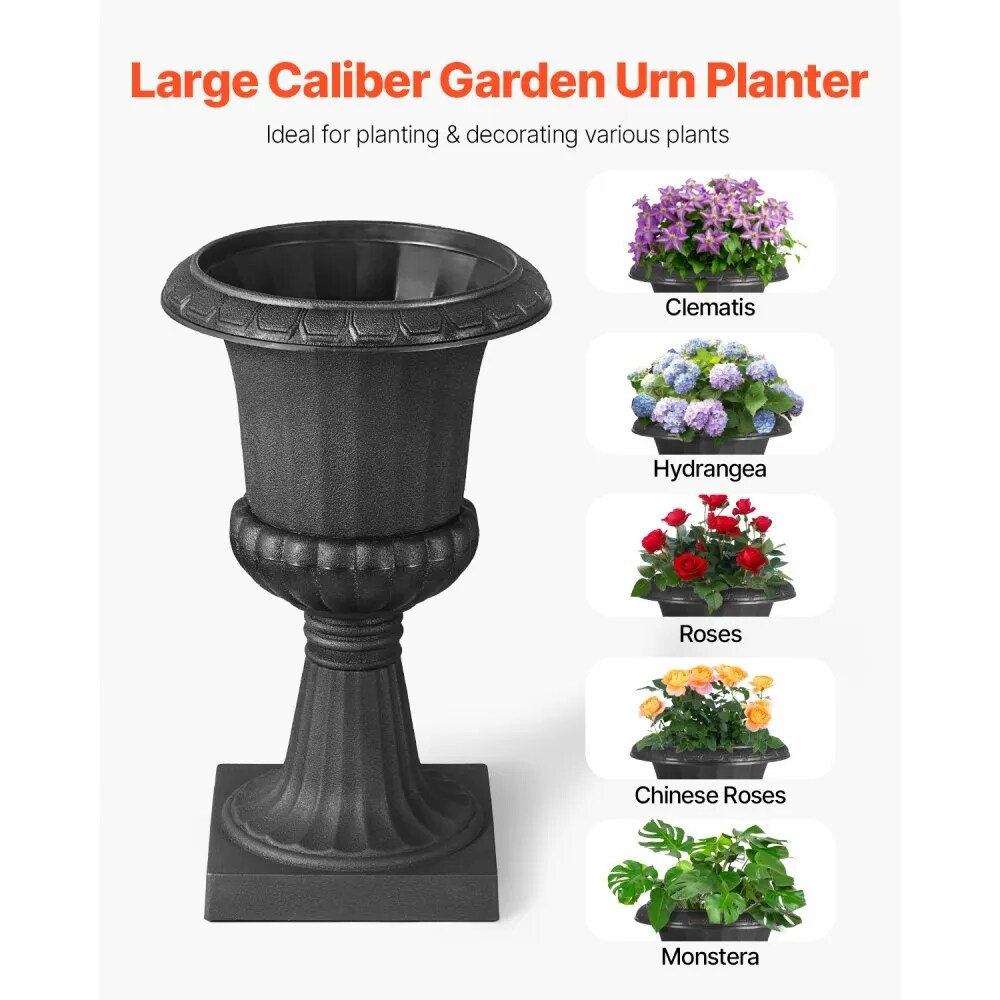 2-Pack Plastic Urn Planters, Black Classic Flower Pots for Indoor & Outdoor