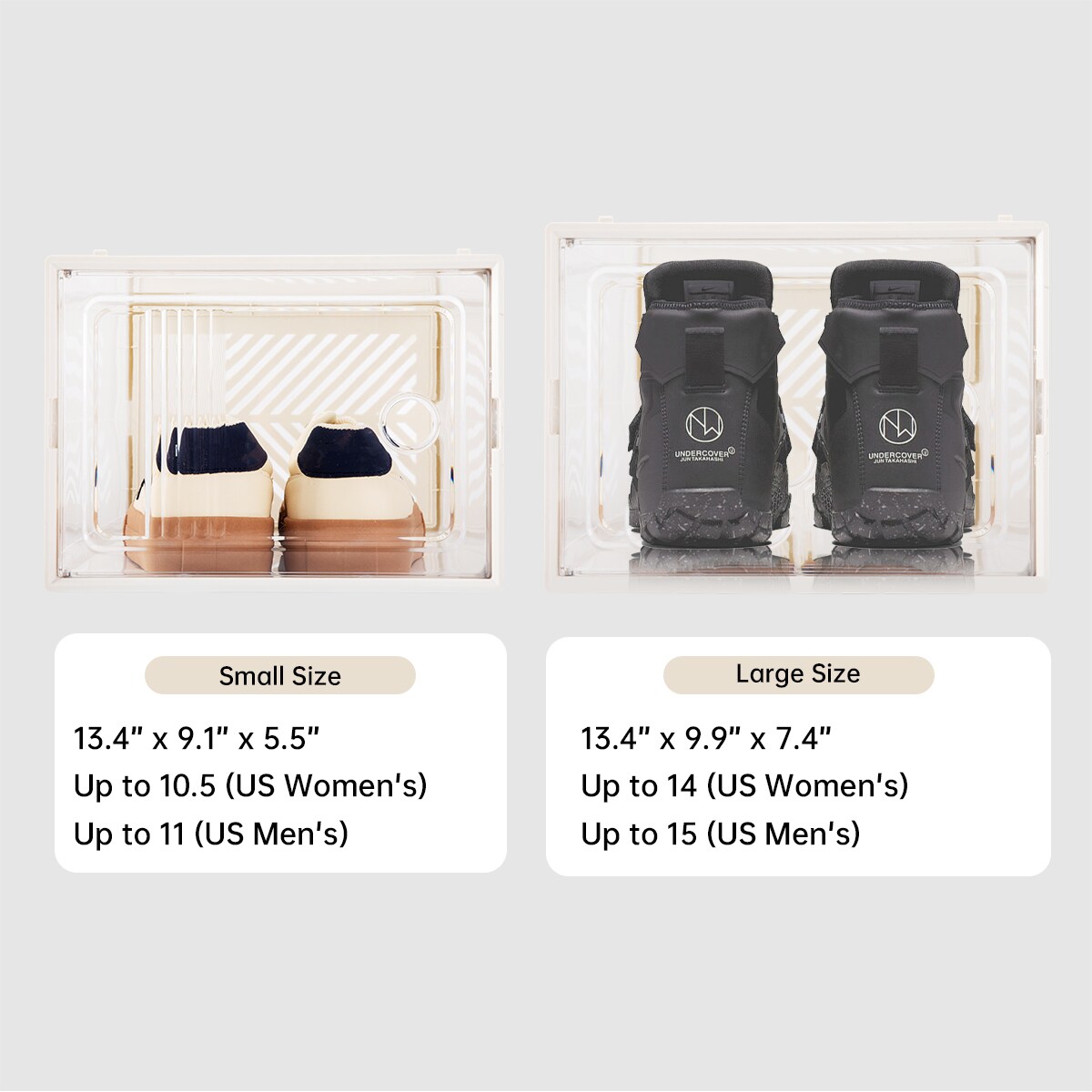 VUSIGN Large Clear Shoe Box Storage 13.4″ × 9.9″ × 7.4″ – Foldable Transparent Plastic Stackable Organizer (12‑Pack)