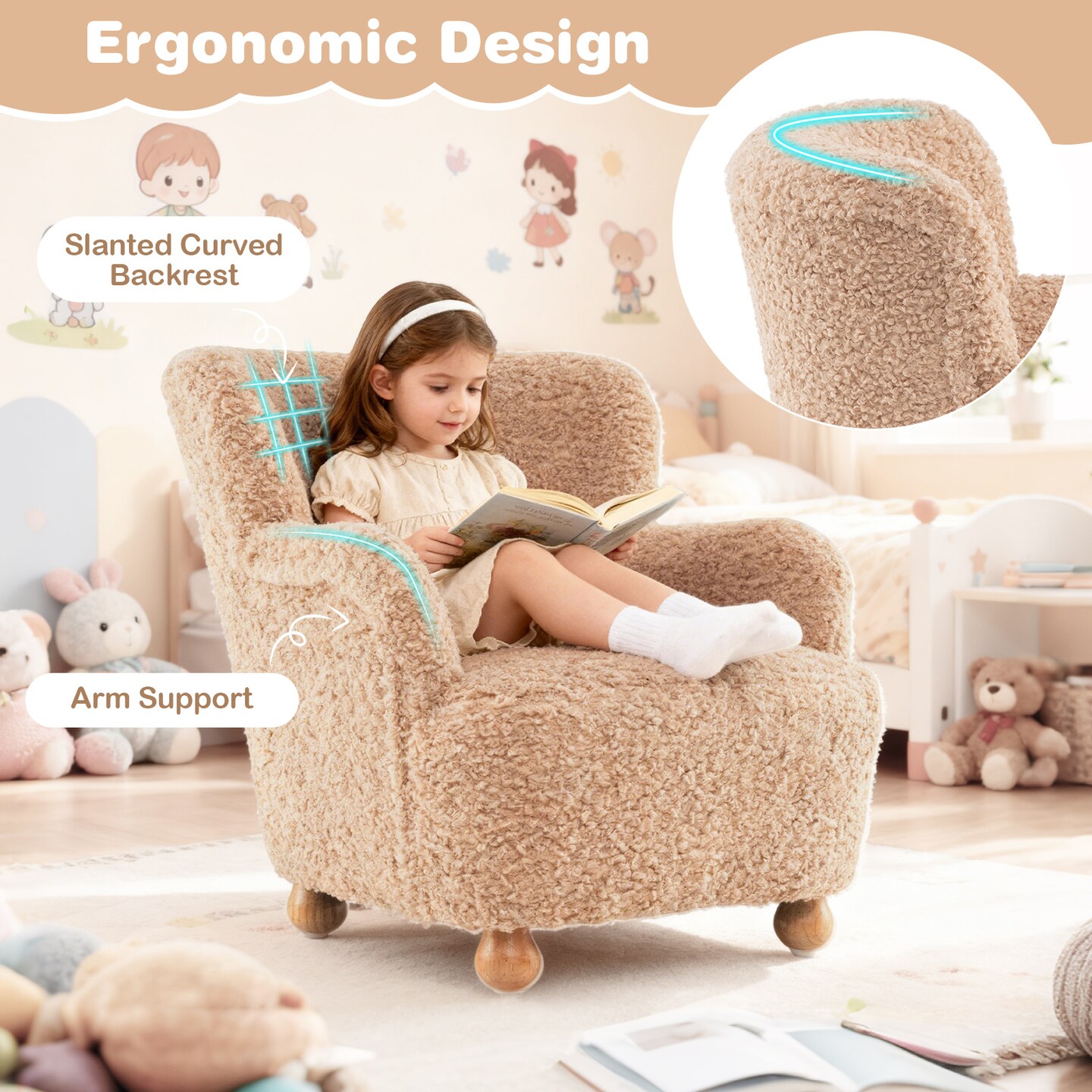 Nude Pink Sherpa Kids Sofa Chair for Toddlers Comfortable Rubber Wood Couch for Playroom or Nursery