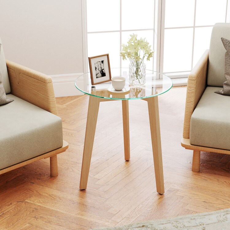 Modern Round End Table with Tempered Glass Top and Rubber Wood Frame for Living Areas
